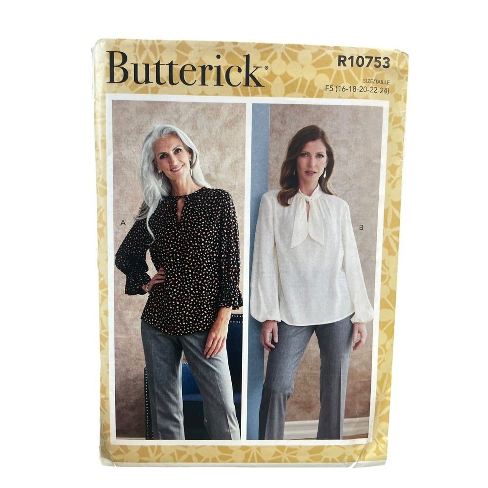 Butterick R10753 Blouse Top Pattern Misses Size 16-24 Easy V-Neck Tie Neck Cuff